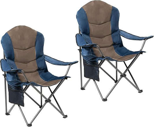 2 Pack Folding Camping Chairs for Adults - High Back Padded Portable Outdoor Lawn Chairs 400lbs Capacity, Adjustable Armrests - Lightweight Camp Chairs Set (Blue & Brown)