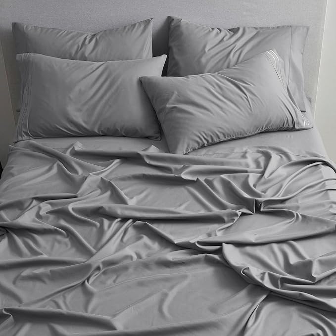 Clara Clark Flex Top King Sheets - Hotel Luxury 6 Piece Bed Sheets for Top Split King Bed - Soft Bedding Sheets & Pillowcases, Head Split King Size. Medium Grey