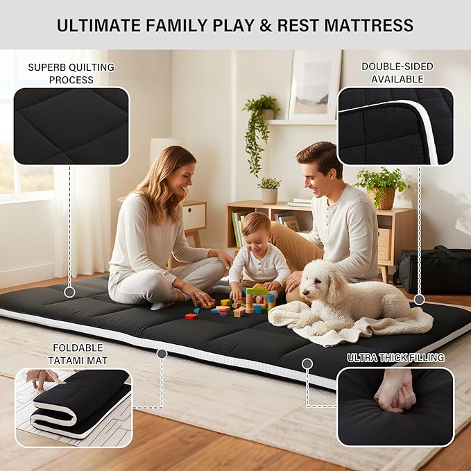 Tiita Memory Foam Mattress Topper Twin Size, 4" Thicken Futon Mattress with Storage Bag and 2 Straps, Portable Roll Up Travel Car Camping Mattress Floor Sleeping Pad, Black