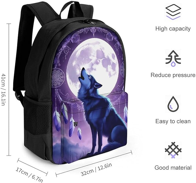 Supdreamc Men Women Polyester Moon Dream Catcher Native American Wolves Daypack Big Capacity Shoulder Bag With Smooth Zippers for Hiking Work Walking Cycling