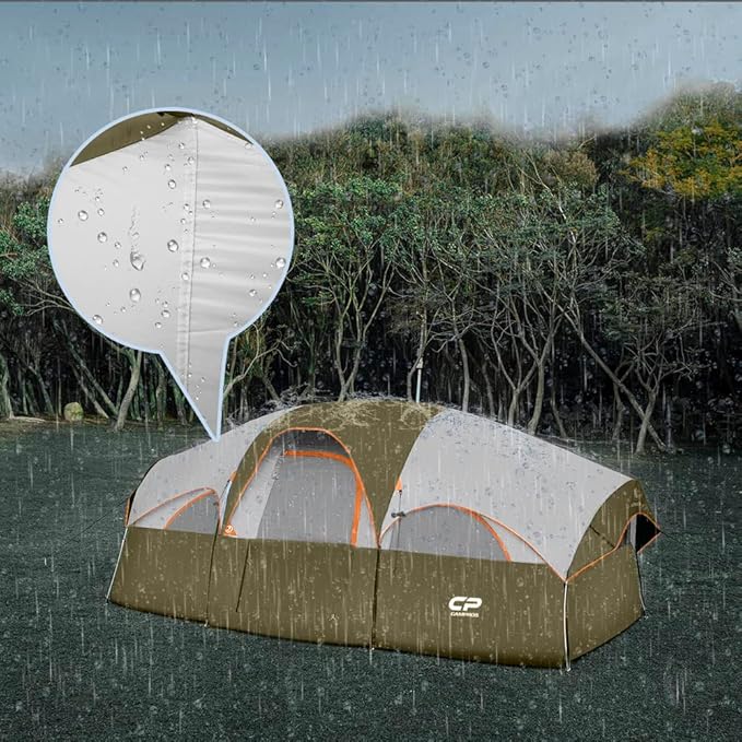 CAMPROS CP Tent 8 Person Camping Tents, Weather Resistant Family Tent, 5 Large Mesh Windows, Double Layer, Divided Curtain for Separated Room, Portable with Carry Bag
