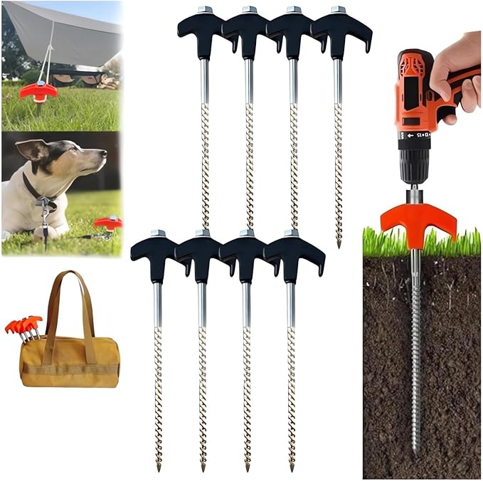 8" Screw in Tent Stakes - Ground Anchors Screw, 2024 New Screw in Tent Stakes Heavy Duty, Metal Threaded Tent Spikes, Tent Pegs Camping Stakes, Tent Stakes for Outdoor Camping (8, Black)