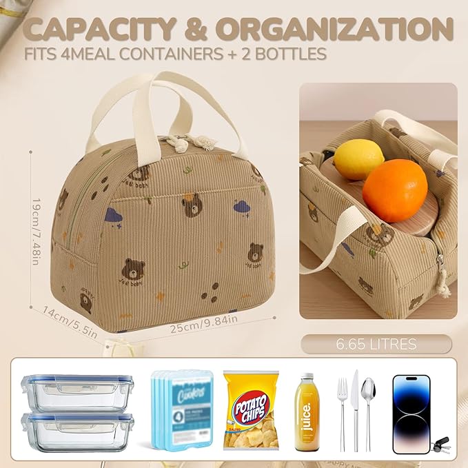 Lunch Bag for Women Men Cute Corduroy Lunch Tote Bags Reusable Insulated Lunch Box Large Capacity Reusable Insulated Cooler for Work/Picnic/Travel
