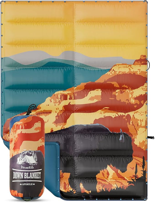 APSMILE Outdoor Down Blanket | Extra Warm & Puffy Camping Blanket | Water-Resistant, Lightweight, Packable Sleeping Quilt for Camp, Travel, Hiking, Picnic, Backpack (Canyon HD Printed, 52"x75")