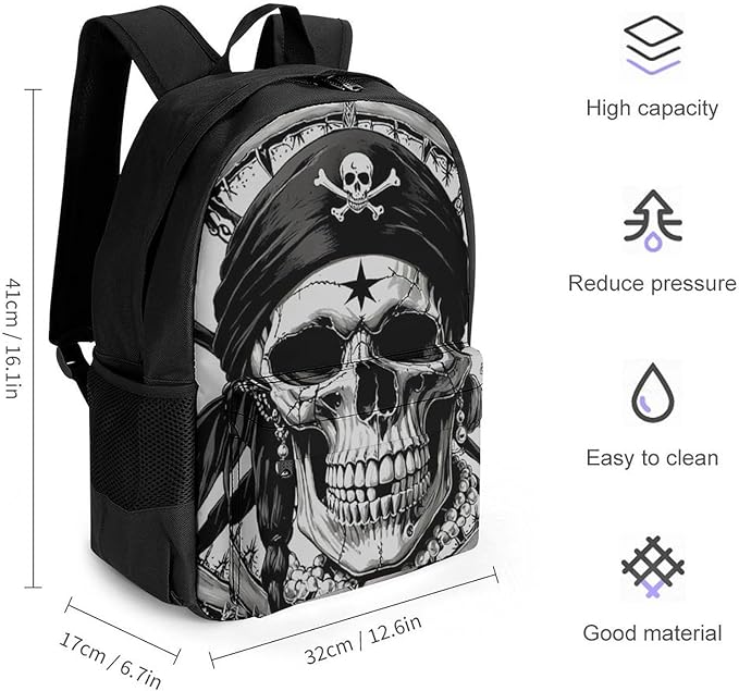 Women Men Polyester 3D Pirate Skull Casual Daypack Large Capacity Bookbag With Side Pockets for Sports Picnic Walking Cycling