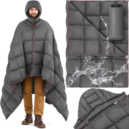 Hooded Down Camping Blanket Waterproof 650 Fill Puffy Poncho Blanket 77" x 50" Packable Wearable Sleeping Bag with Detachable Hat Outdoor Stadium Camping Cold Weather, 1.36 lb(Grey)