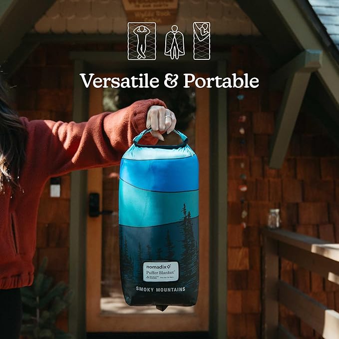 Nomadix Smoky Mountains Puffer Blanket – Water-Resistant, Eco-Friendly Insulated Blanket with Snaps for Camping, Beach, and Travel, Made from Recycled Materials