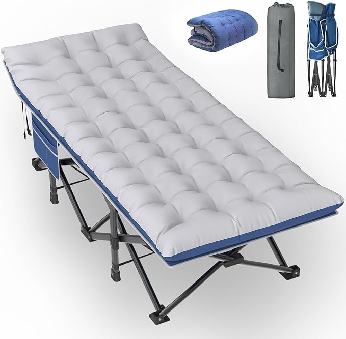 Slendor XXL Camping Cot, Oversized Camping Bed, 79" L x 32" W x 19" H Sleeping Cot with Mattress, Carry Bag, Camp Cot Bed for Travel, Guest, Support 900lbs, Blue Cot+ Grey Pad