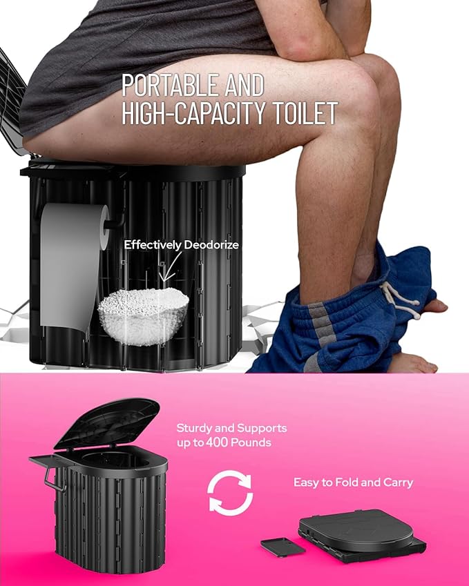 Camping Toilet with Pop-Up Privacy Tent and Liquid Waste Gel, Portable Toilet for Camping with Large Tent, Ergonomic Potty Provides Enhanced Comfort, Suitable for All Ages