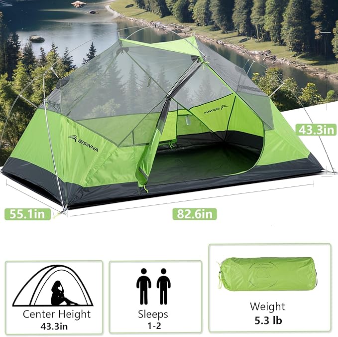 BISINNA Backpacking 2 Person Tent Lightweight 3 Season Camping Tent 20D 380T Nylon Rainfly Double Layer Free Standing Includes Footprnint 7001 Aluminium Poles for Camping Hiking Biking
