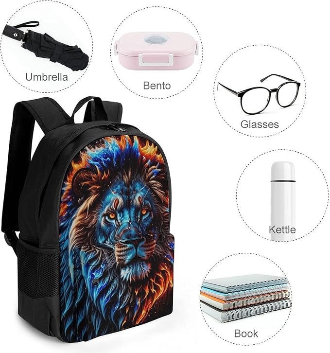 Men Women Polyester Cool Lion Fire Surreal Style Art Daypack Big Capacity Shoulder Bag With Smooth Zippers for Hiking Work Walking Cycling