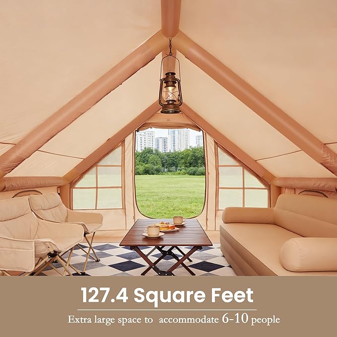 YOLENY Inflatable Tents for Camping, 6-12 Person Blow Up Tent with TPU Skylight, Canopy, Mesh Windows, Stove Jack & Pump, 4 Season Large Inflatable Tent, Waterproof & Windproof