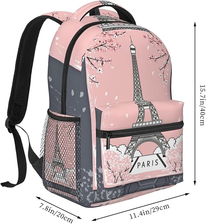 Men Women Polyester Paris Eiffel Tower With Pink Cherry Flower Blossom Art Daypack Big Capacity Shoulder Bag With Adjustable Shoulder Straps for Camping Travel Walking Cycling