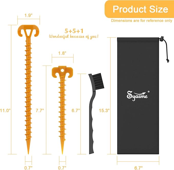 Tent Stakes Spiral Ground Anchor 11" Orange,On The Beach and Lawn for Securing Animals,Tents,Canopies and Beach Blankets Etc,Plastic Pile 10pc-Pack,Includes Brush and Bag