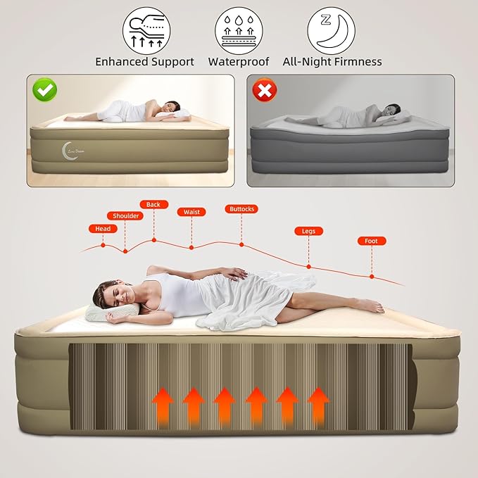 LunaDream Queen Air Mattress with USB Rechargeable Built-in Pump, Wireless Inflatable Airbed, FlexWeave Tech for 1100 lbs Ultra Firm Support, Portable for Home & Camping, Leak Proof Design, Carry Bag