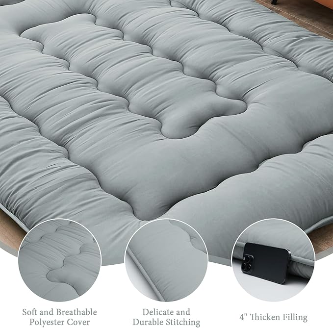 DAICO Japanese Floor Mattress, 4'' Thicken Futon Mattress Tatami Mat, Sleeping Pad Foldable Roll Up Mat for Camping and Guest Room, Full Size 54''*80'', Grey