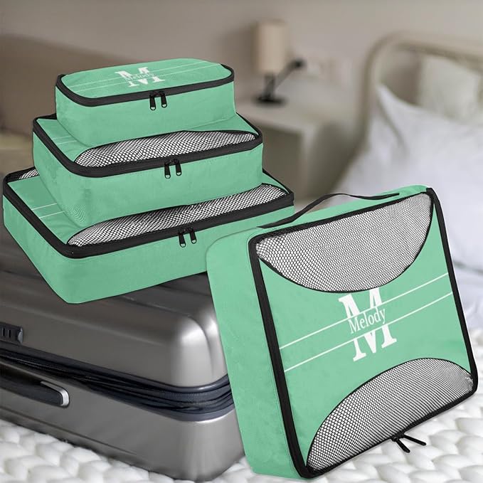 Personalized 4 Set Packing Cubes Luggage Packing Organizers Travel Accessories for Women Girls Men, Mint Green with Initial Letter