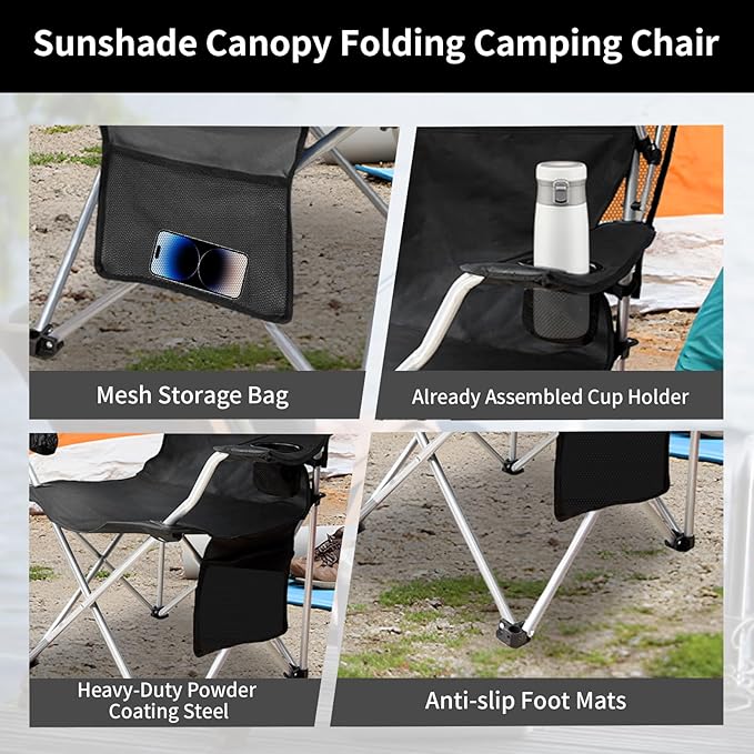 Portable Camping Chair with Canopy Shade- Folding Camping Lounge Chair with Cup Holder & Side Pocket for Outdoor Camping, Fishing, Beach - Support 330 LBS (Black)
