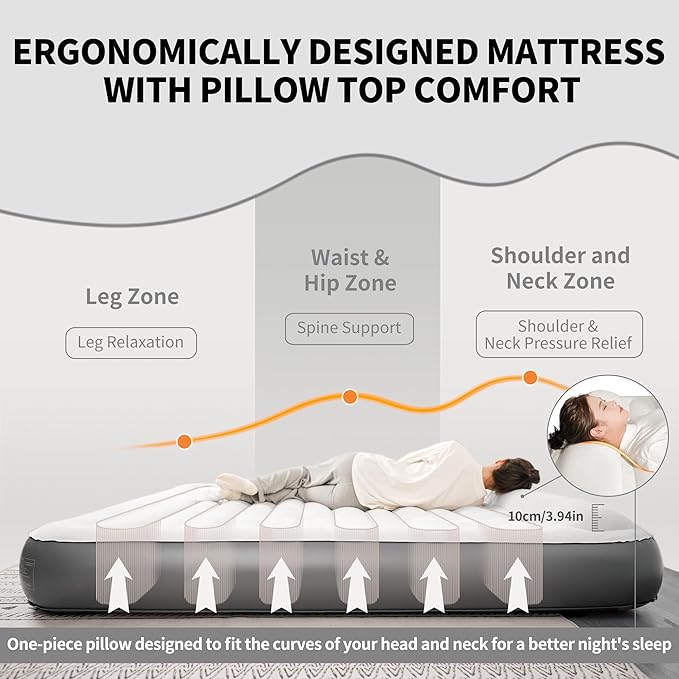 Naturehike Pillow Top Plush Compact King Air Mattress, Blow Up Bed with Rechargeable Built-in Electric Pump, Inflatable Airbed for Camping, Home, Guests