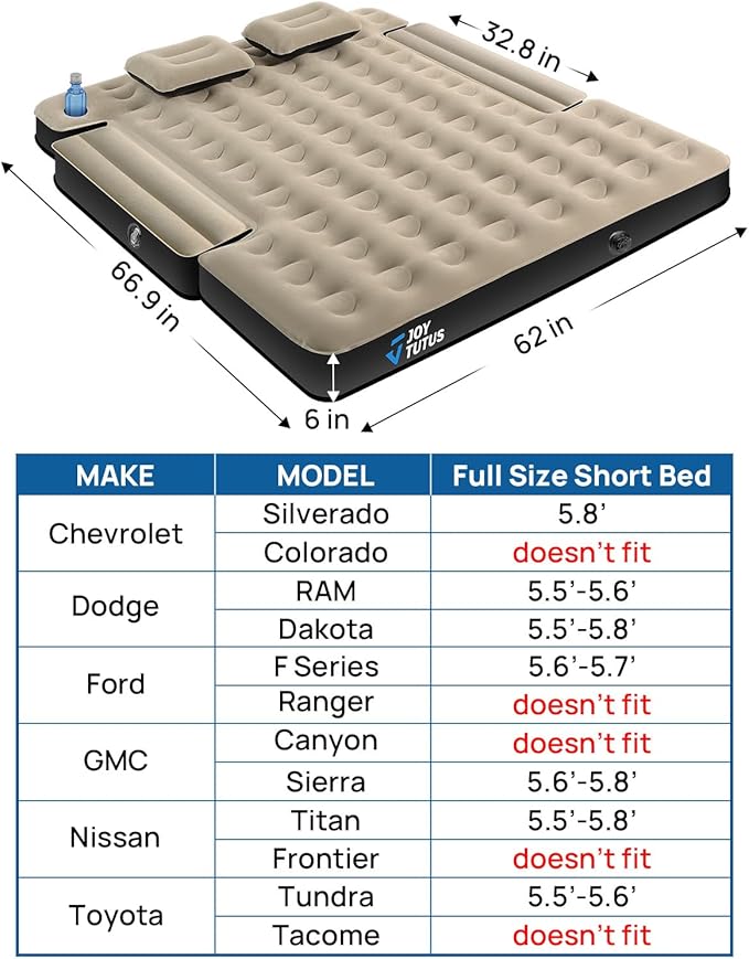 JOYTUTUS Truck Bed Mattress for 5.5-5.8Ft, Full Size Inflatable Mattress Pickup Short Beds for Outdoor Camping, with Carry Bag & Cup Holder & Cavity Design, Camel&Black