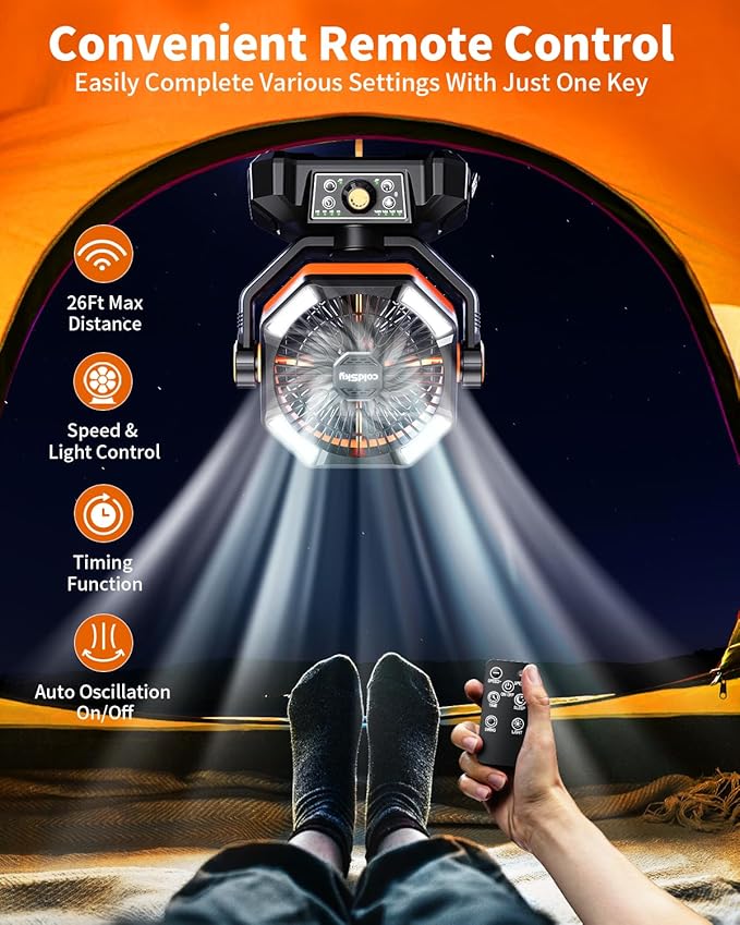 coldSky 𝟮𝟬𝟬𝟬𝟬𝗺𝗔𝗵 Camping Fan with 𝗗𝘂𝗮𝗹 𝗠𝗼𝘁𝗼𝗿, Battery Operated Fan with 4 LED Lantern, 8 Speeds Desk Fan with Remote, Portable Outdoor Fan with Hook for Tent, Power Outages, Jobsite