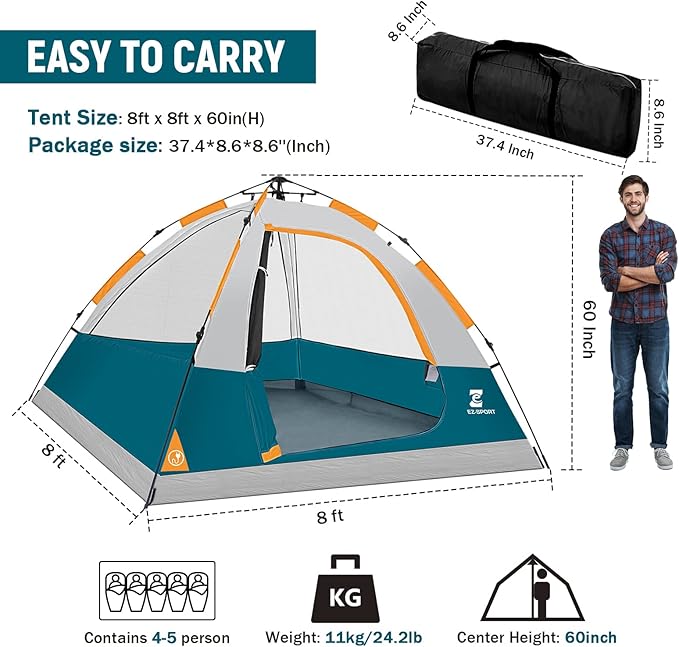 EZ-Sport Pop Up Camping Tent - 4 Person Instant Easy Set Up Family Tent with Removable Rain Fly, Waterproof Windproof Automatic Tent for Outdoor Camping Hiking Backpacking Traveling