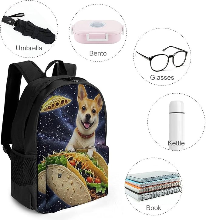 Supdreamc Daypack Lightweight Multipurpose Anti-Theft Space Funny Corgi Dog Pizza Taco Shoulder Bag Large Capacity Laptop Book Bag Rucksack With Adjustable Shoulder Straps