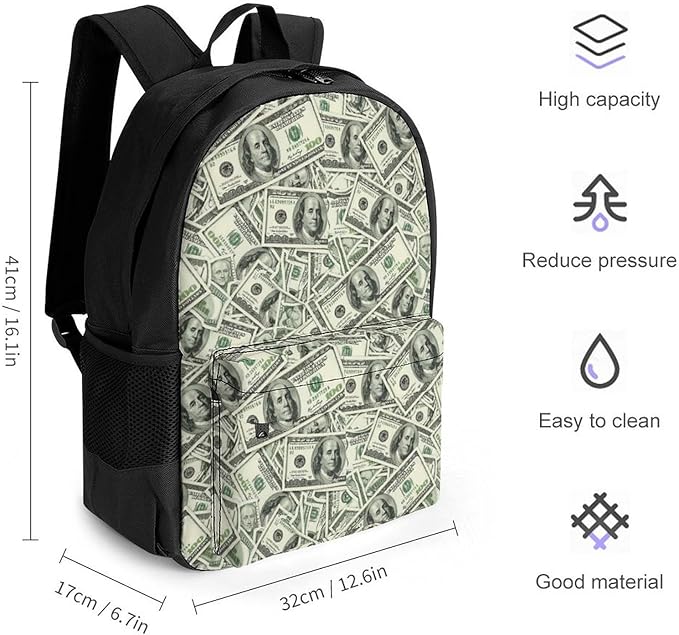 Polyester Daypack Backpack for Climbing Outdoors Running, Big Capacity Multipurpose Anti-Theft Bookbag, Money American Bill Dollar Travel Hiking Camping Rucksack