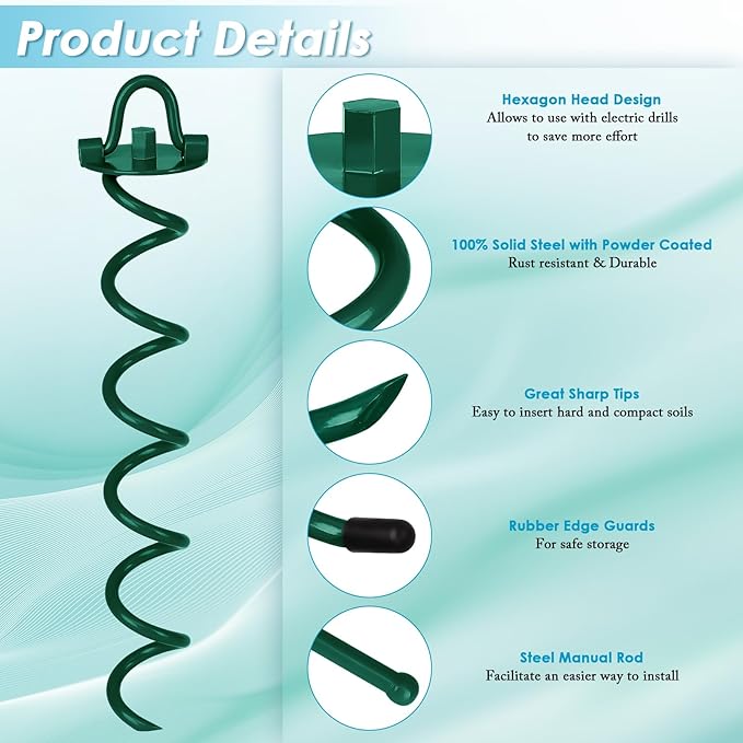 FEED GARDEN 16 Inch Spiral Ground Anchors Heavy Duty Screw in Spiral Stakes, 4 Pack Folding Ring Ground Stakes for Securing Dogs,Tents, Trampolines, Canopies, Swing Sets,Green
