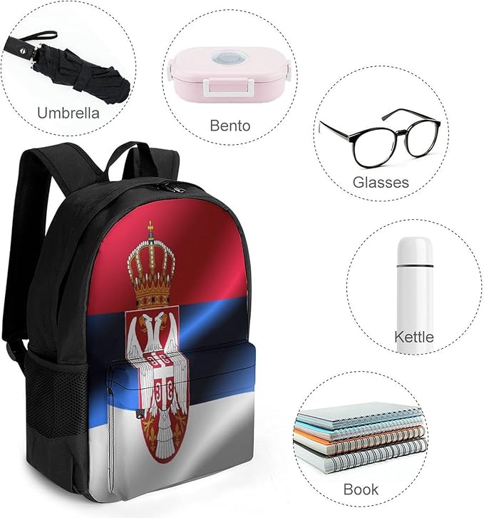 Men Women Polyester Flag Of Serbia Daypack Big Capacity Shoulder Bag With Smooth Zippers for Hiking Work Walking Cycling