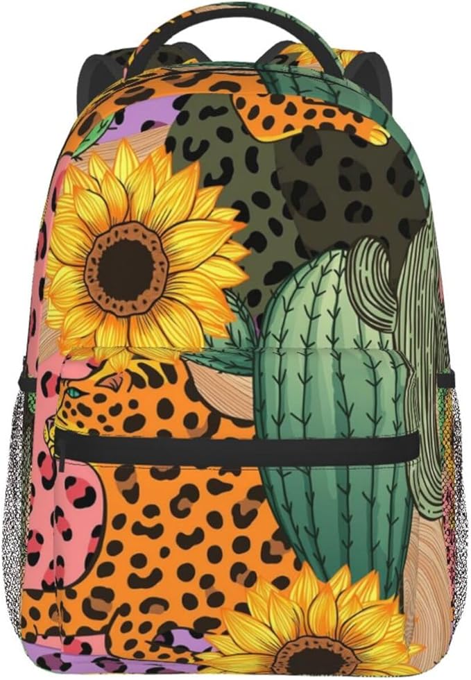 Polyester Daypack Backpack for Trekking Picnic Walking Cycling, Large Capacity Anti-Theft Multipurpose Shoulder Bag, 90S Sunflower Leopard Cactus Casual Daypack