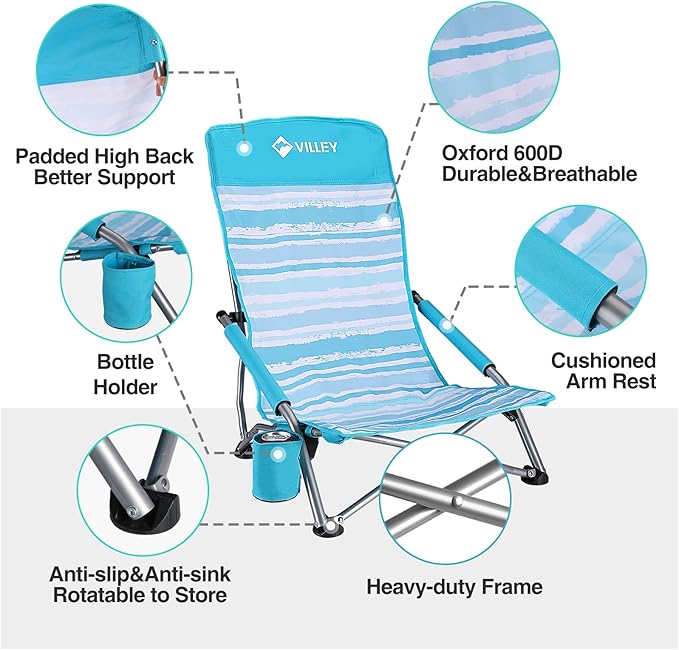 VILLEY Low Beach Chairs for Adults 2 Pack, High Back Folding Beach Chairs, Lightweight and Portable for Outdoor, Beach, Camping, Lawn, Music Festival, with Cup Holder and Carry Bag-Blue Stripes