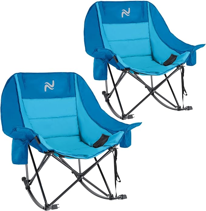Oversized Rocking Camping Chair for Adults - Padded Recliner Rocker - Folding Lawn Chair with Cooler Bag and Pockets - Portable Rocker Chair Outdoor for Camp Patio Backyard