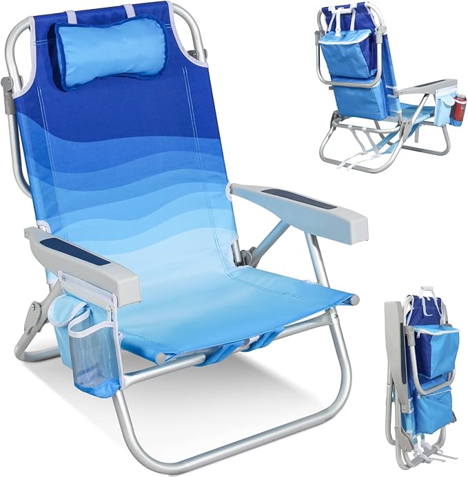 Low Beach Chairs for Adults - 5-Position Lay-Flat Backpack Chair with Large Insulated Cooler & Storage Pocket, Aluminum Frame, Portable for Travel & Outdoor, Supports 300lbs, Wave Blue