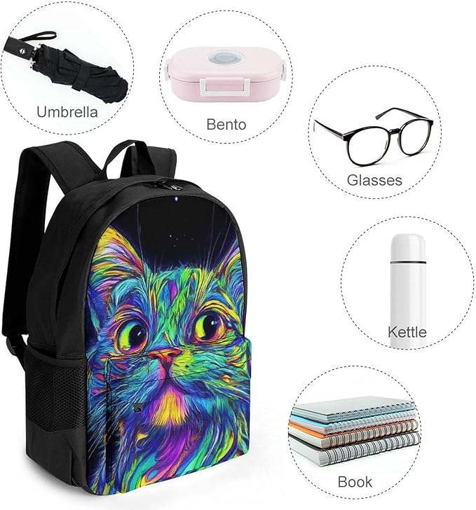 Daypack Bookbag Multipurpose Anti-Theft Big Capacity Carry On Bag, Colorful Trippy Cat Travel Hiking Camping Rucksack With Padded Straps