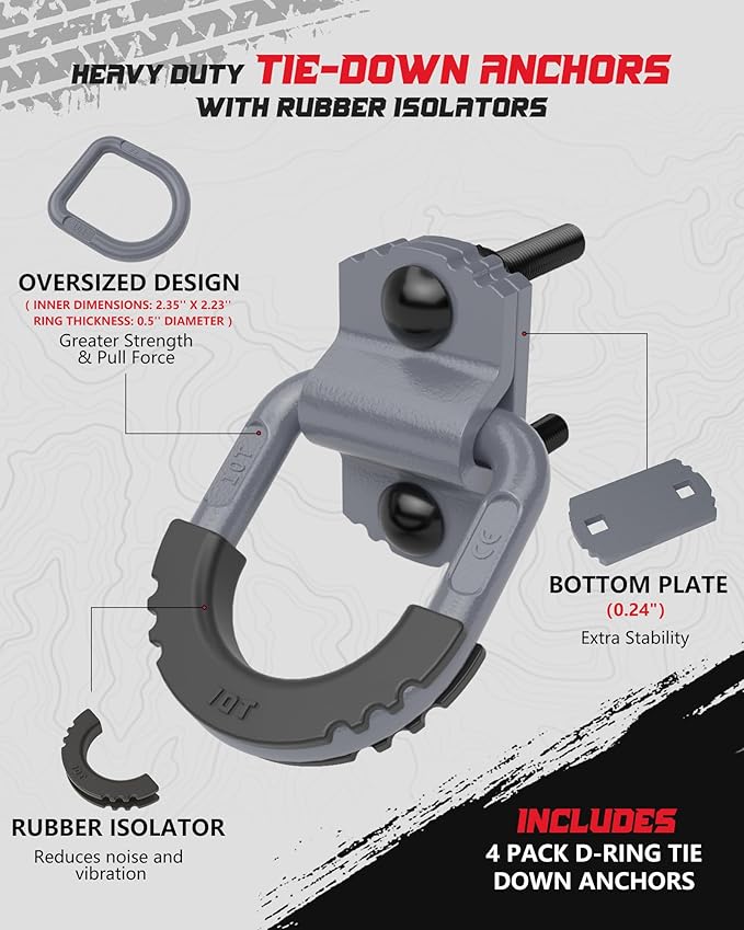 D-Ring Tie Down Anchors with Rubber Isolators, 4 Pack Heavy Duty 10 Ton Capacity Carbon Steel, Bolt-On with Mounting Hardware, Zinc & Powder Coated for Trailer, Truck, Pickup, Garage-Gray