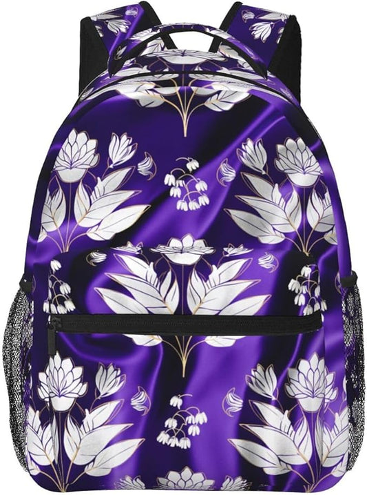 Men Women Polyester Aloha Hawaiian Purple Floral Art Daypack Bookbag Big Capacity Shoulder Bag With Padded Straps for Climbing Travel Walking Cycling