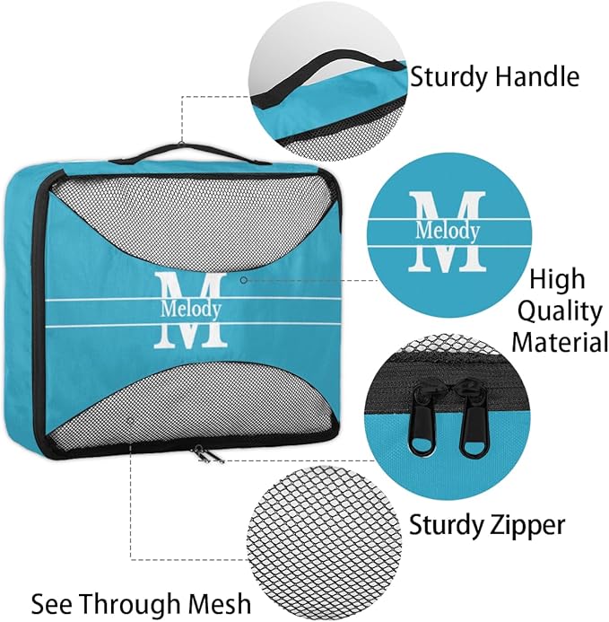 Custom 4 Packing Cubes Set, Lightweight Mesh Travel Luggage Organizers for Travel, Lake Blue Initial Letter 4 Pieces Suitcase Storage Bags