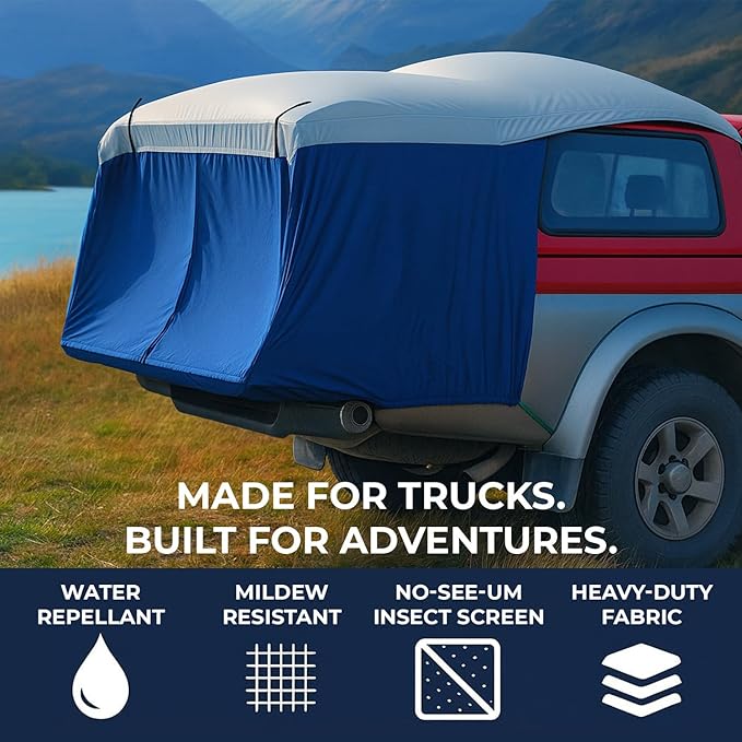 Truck Bed Tent for Caps– Fits Ford F-150, Chevy Silverado, Toyota Tundra, Tacoma (2005+), Tailgate ≥ 58" – Converts Truck with Cap into Camping Tent