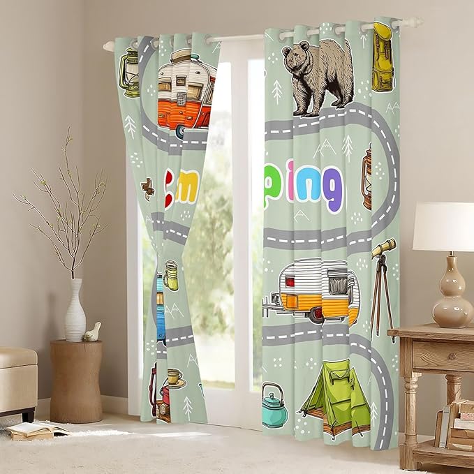 Feelyou Cartoon Camping Camper Curtains for Bedroom Living Room Rv Camping Adventure Blackout Darkening Drapes Wildlife Animal Bear Window Treatments, 2 Panels 38 x 45 Inch Room Decor