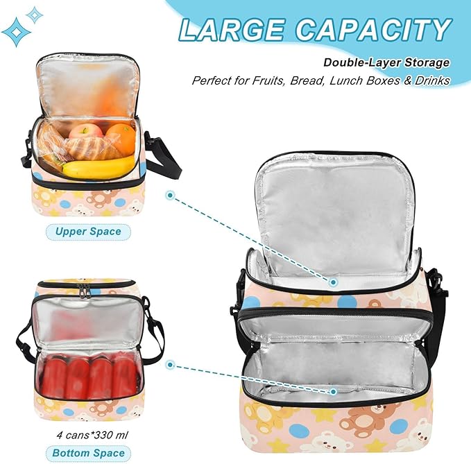 Double-layer Insulated Lunch Bag Cute Bear Star Waterproof Bags with Side Tissue Pocket for Beach Travel Car