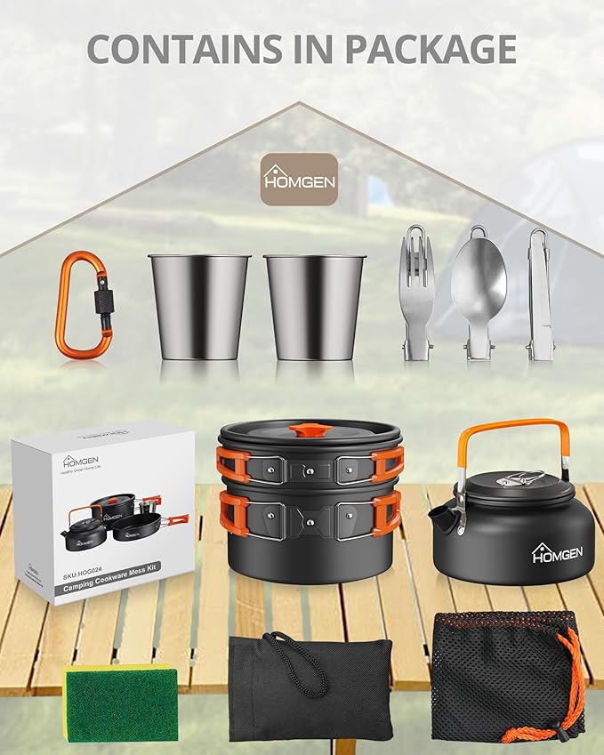 HOMGEN 12-Pieces Ultralight Anodized Aluminum Camping Cookware Set for 2 People - Nesting Pot/Pan with Foldable Handles 800ml Insulated Teapot & Stainless Cups for Camping Hiking