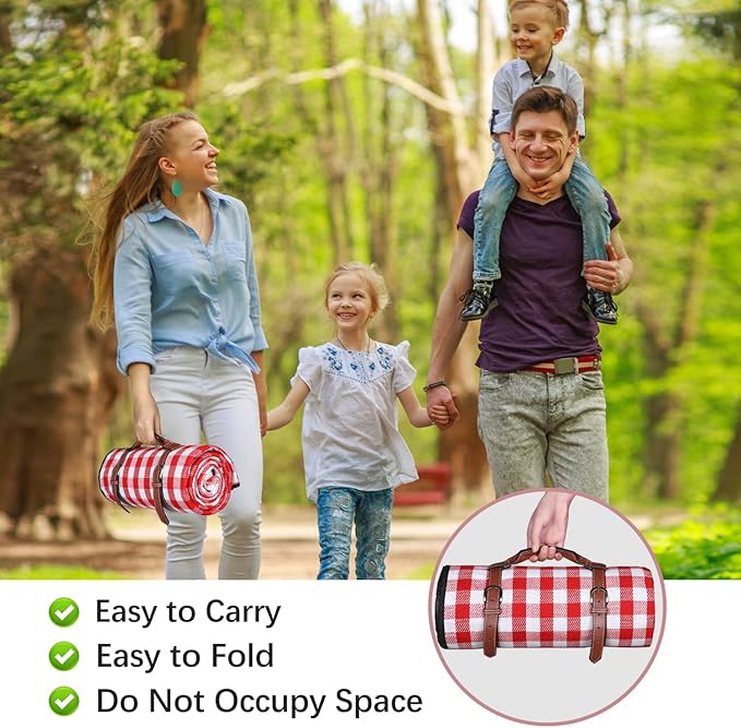 Extra Large Picnic Blanket Waterproof Camping Mat Rug with PU Carrier Soft Lightweight Portable Outdoor Mat for Travel Lawn Camping on Grass Sand-Proof Beach Red White Plaid