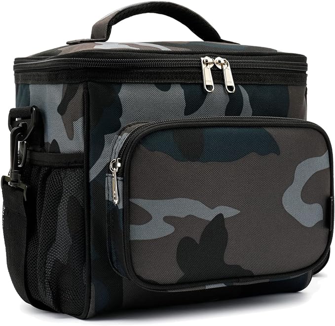 FlowFly Insulated Reusable Lunch Bag Adult Large Lunch Box for Women and Men with Adjustable Shoulder Strap,Front Zipper Pocket and Dual Large Mesh Side Pockets,BlackCamo