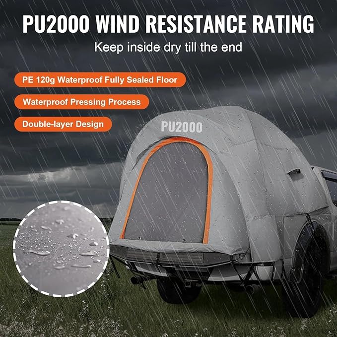 Truck Bed Tent, 5.5'-6' Pickup Truck Tent with Rain Layer and Carry Bag, Waterproof PU2000mm Double Layer Truck Tent for Camping, Accommodate 2-3 Person, for Camping Traveling Outdoor Activities