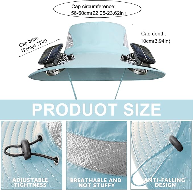 Outdoor Wide Brim Sun Hat with 2 Solar Powered Fan, Bucket Hat for Men Women, Fishing, Gardening & Beach Hat for Men
