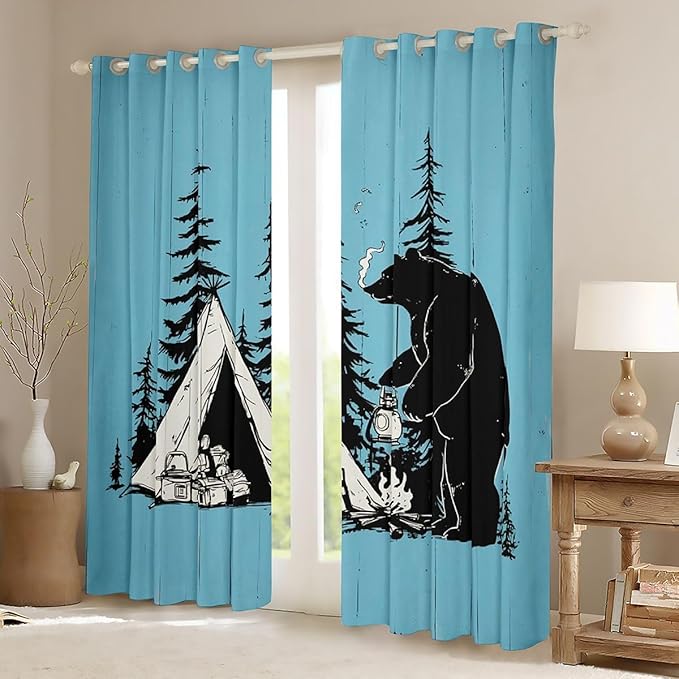 Feelyou Camper Theme Curtains for Bedroom Living Room Cute Tent Bear Blackout Darkening Drapes Camping Decor Window Treatments, 2 Panels 42 x 90 Inch Room Decor