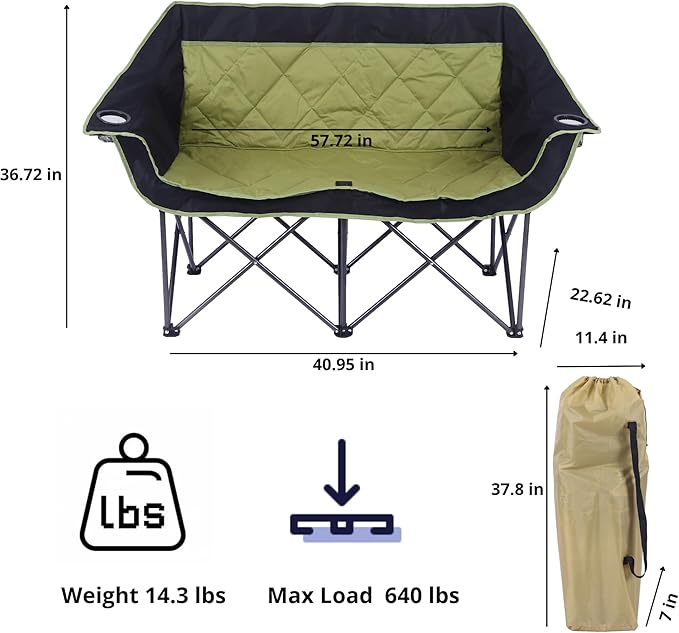 2 Person Camping Chair Oversized Loveseat Camping Chair Double Camping Chairs for Adults Heavy Duty Camping Couch Black Outdoor Folding Chair (OliveGreen)