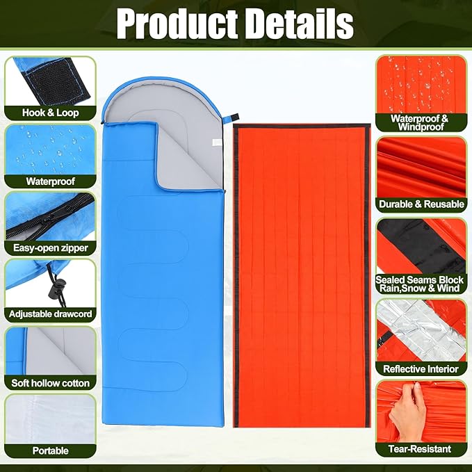 24 Pack Camping Sleeping Bags with Emergency Bivy Sacks – Bulk 4 Season Warm & Cold Weather Waterproof Lightweight Sleeping Bags with Storage Bag for Hiking, Backpacking, Travel, Outdoor