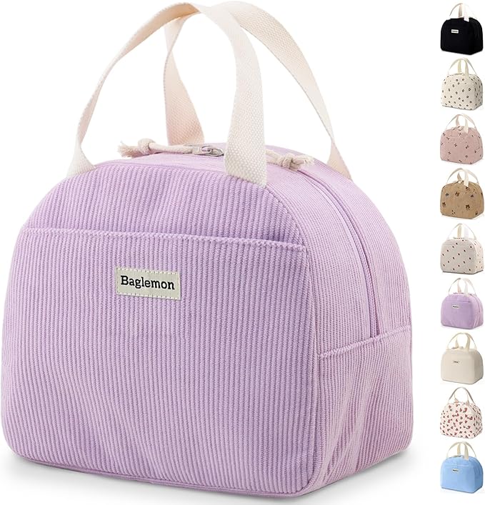 Lunch Bag for Women Men Cute Corduroy Lunch Tote Bags Reusable Insulated Lunch Box Large Capacity Reusable Insulated Cooler for Work/Picnic/Travel (Corduroy Purple)